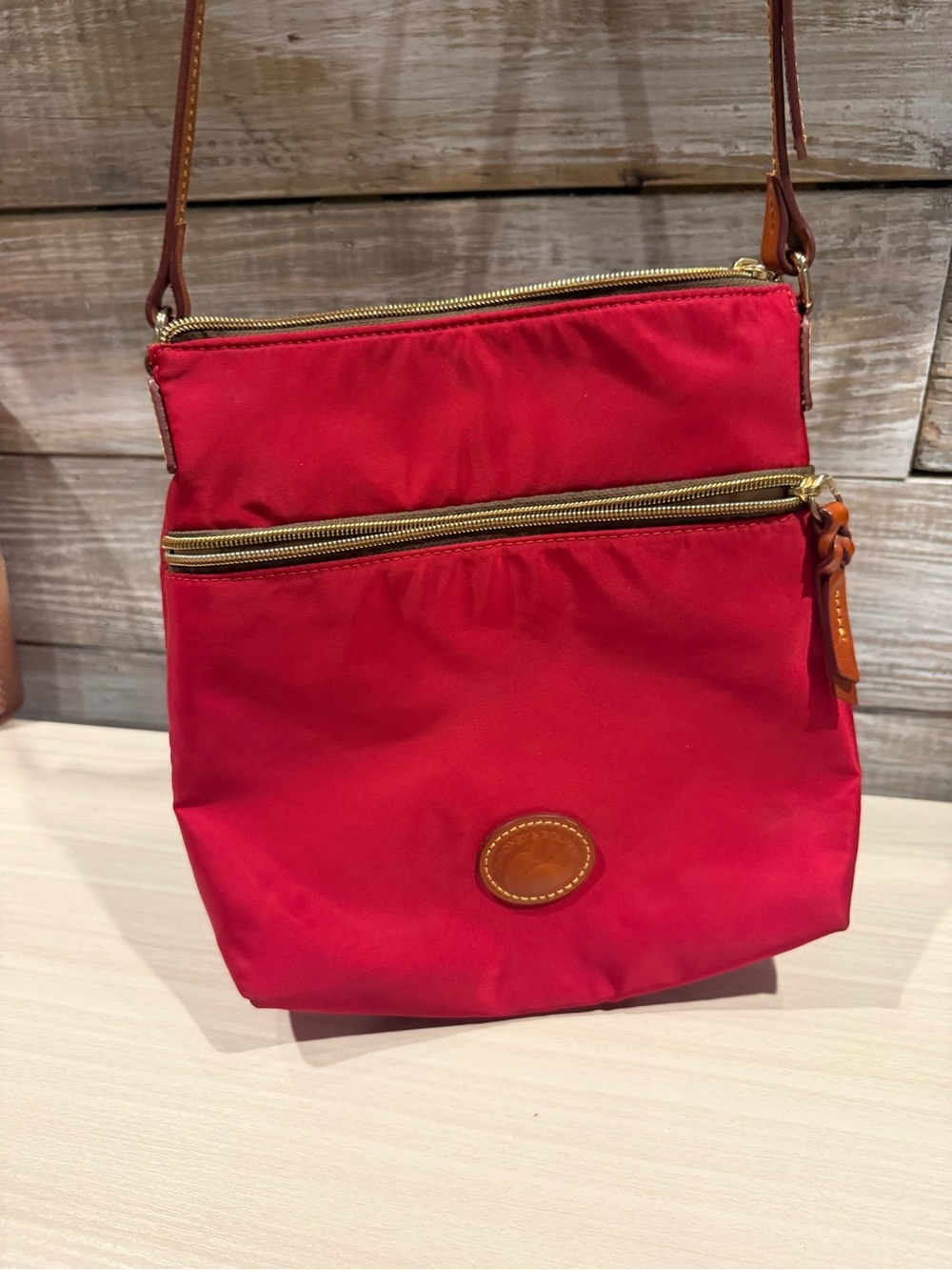Dooney & Bourke Red Nylon Double-Zip Crossbody with Leather Trim